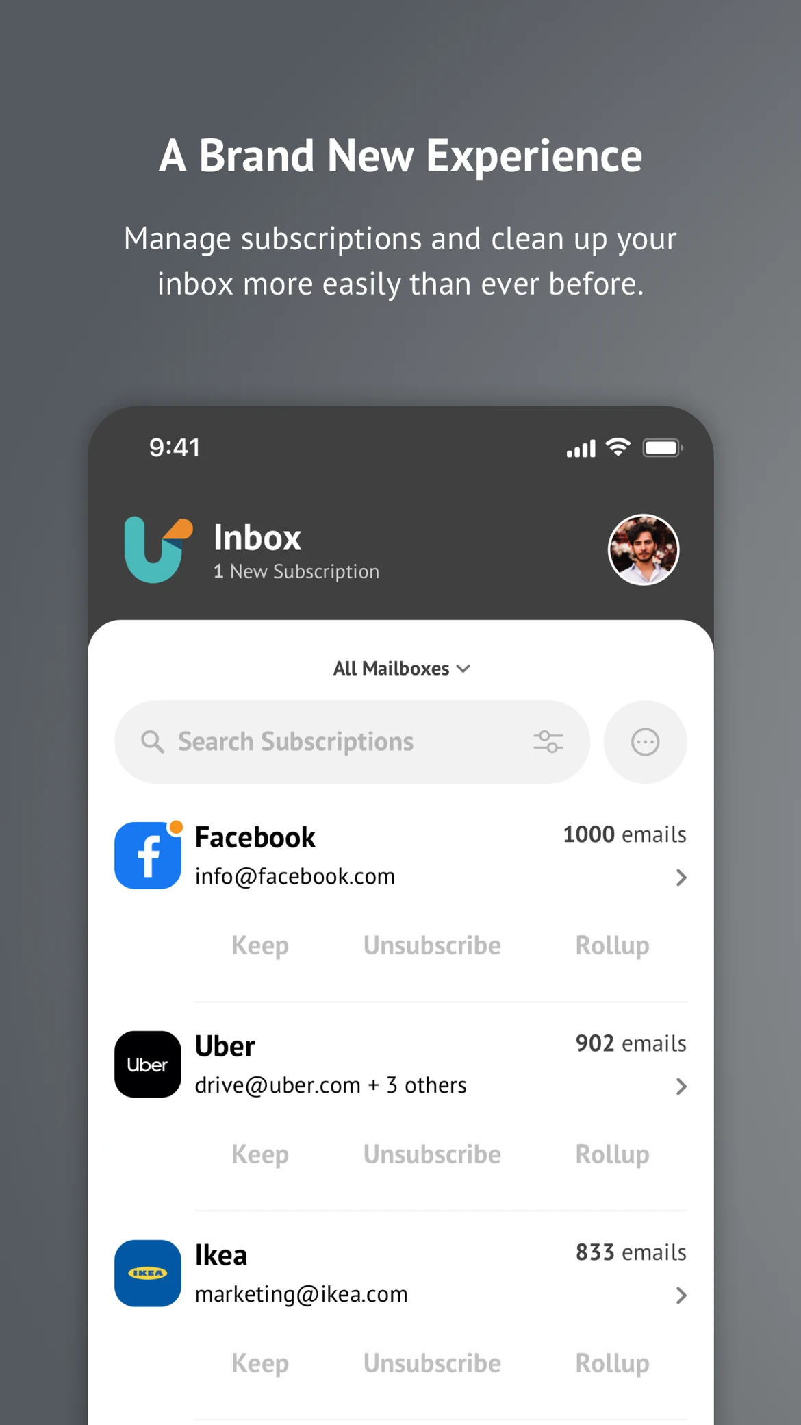Unroll.me inbox interface from its official App Store listing