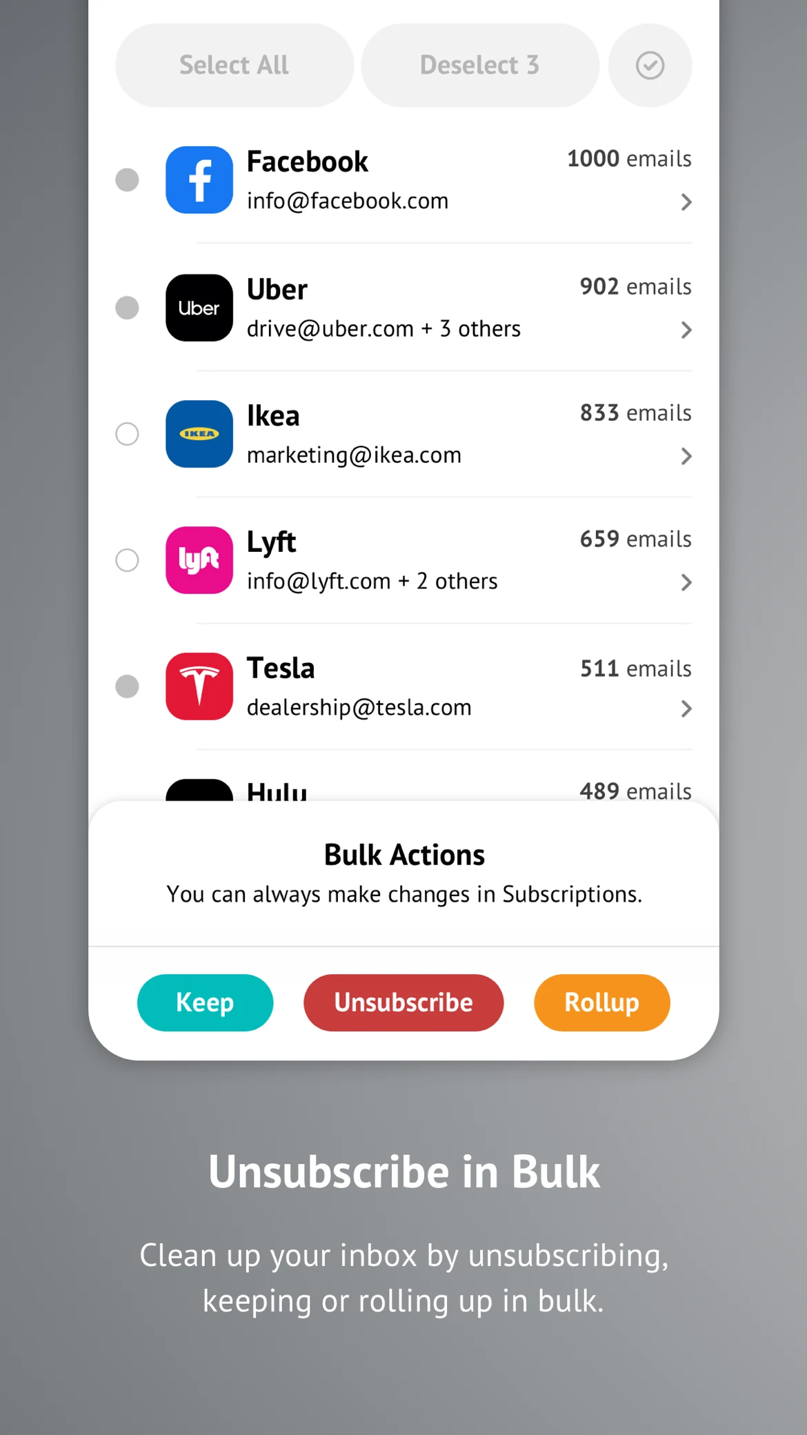 Unroll.me bulk unsubscribe interface from its official App Store listing